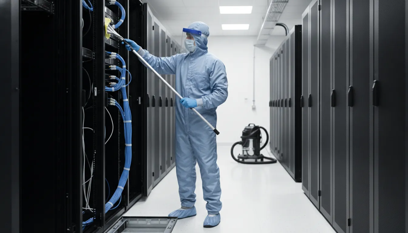 Professional cleaning technician in ESD-safe uniform using specialized microfiber tools in a server room with cable management and server racks