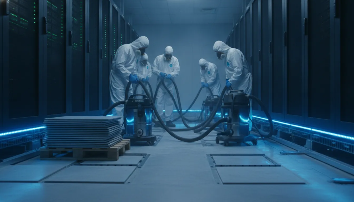 Professional data center sub-floor cleaning with HEPA vacuum equipment under raised floor tiles
