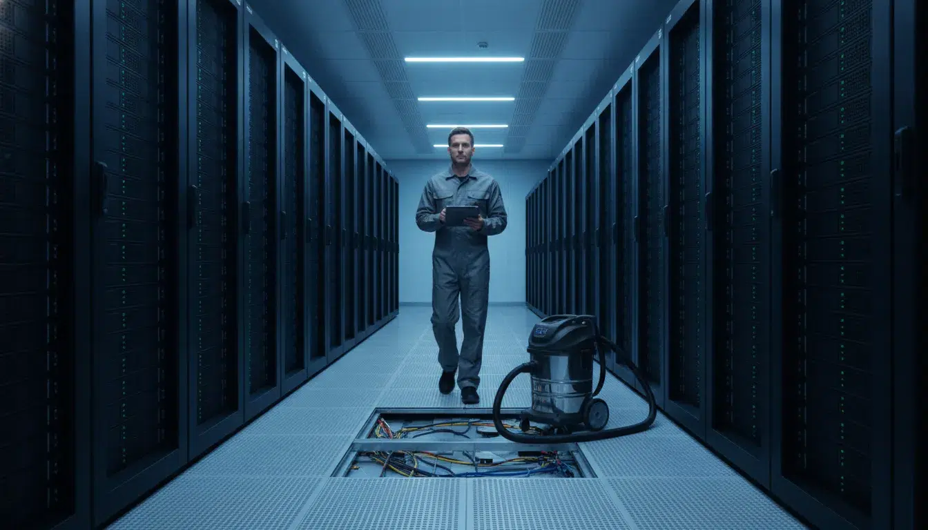 IT professional inspecting server racks and raised flooring in a modern data center, professional atmosphere