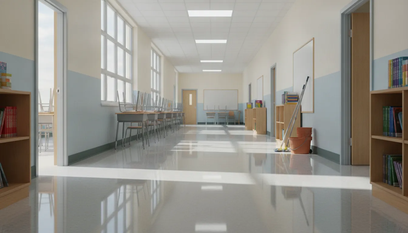 Bright and clean empty school hallway with shiny waxed floors