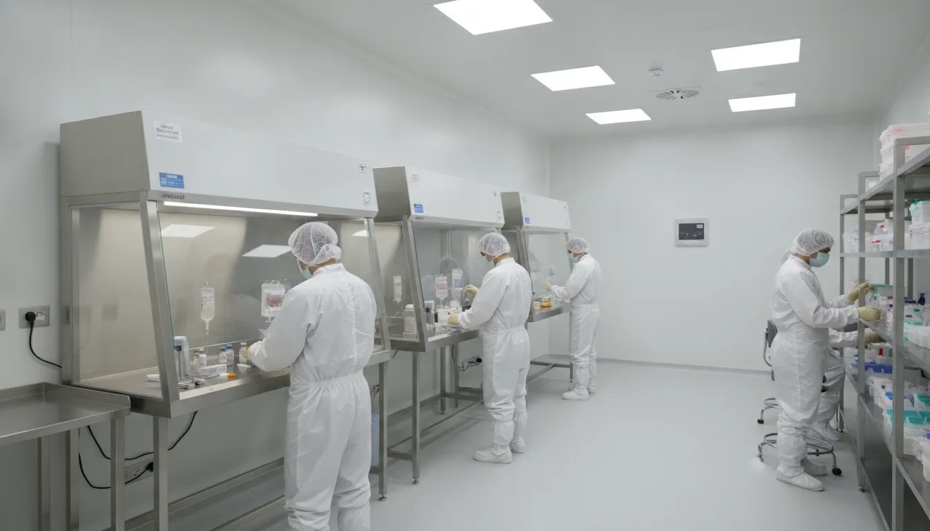 Pristine ISO-classified pharmaceutical cleanroom with technicians in sterile garb working at laminar airflow workbenches