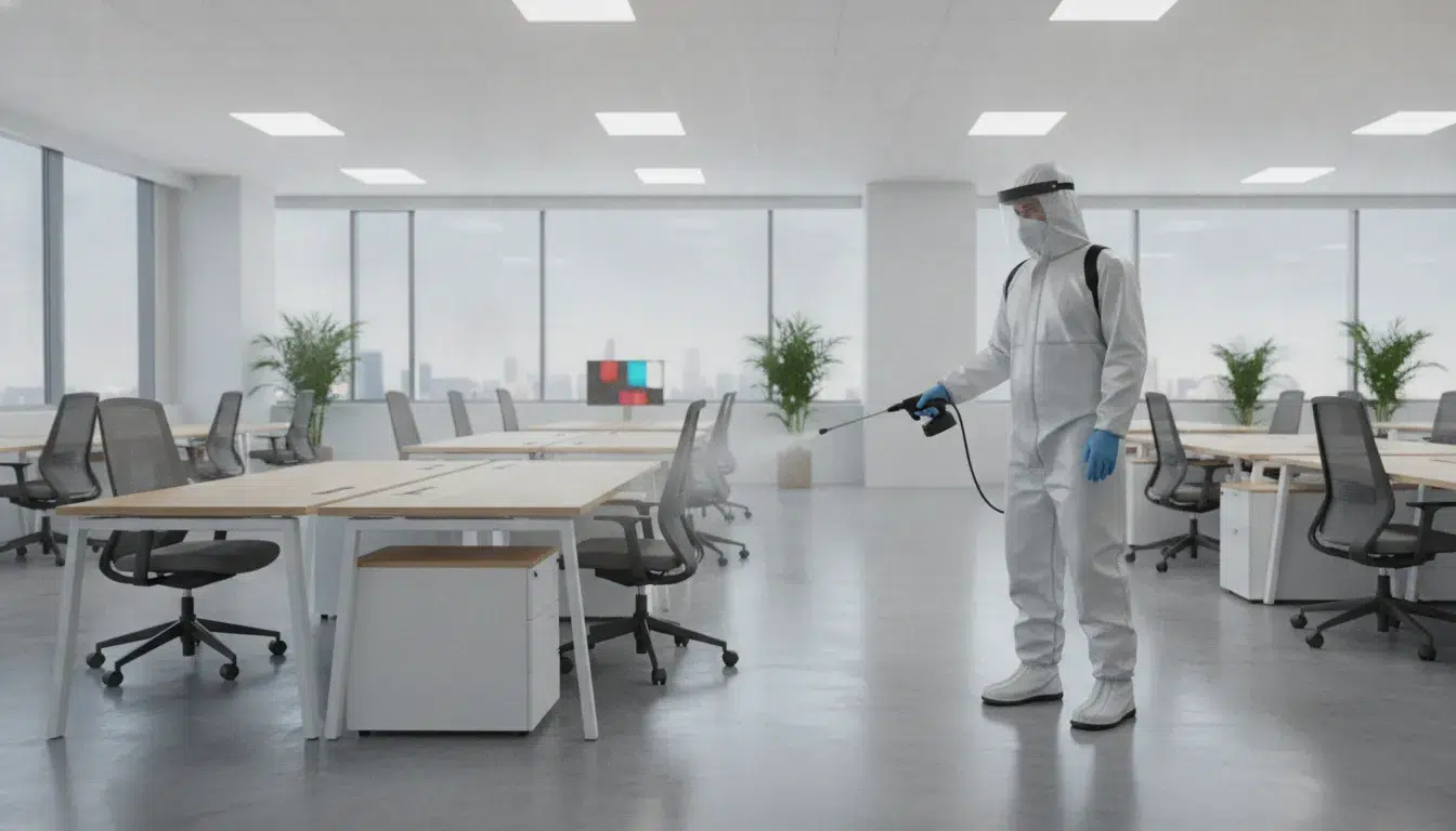 why-your-business-needs-commercial-disinfection-services-154115 Professional technician using electrostatic sprayer in commercial office for disinfection services