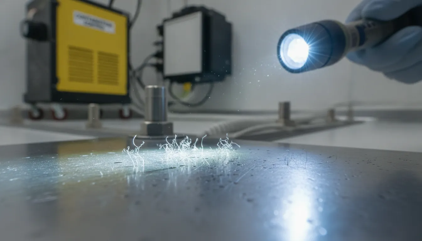 zinc-whisker-mitigation-data-center-risks-detection-and-prevention-guide-896382 Zinc whisker contamination on electroplated data center raised floor surface showing microscopic filament growth