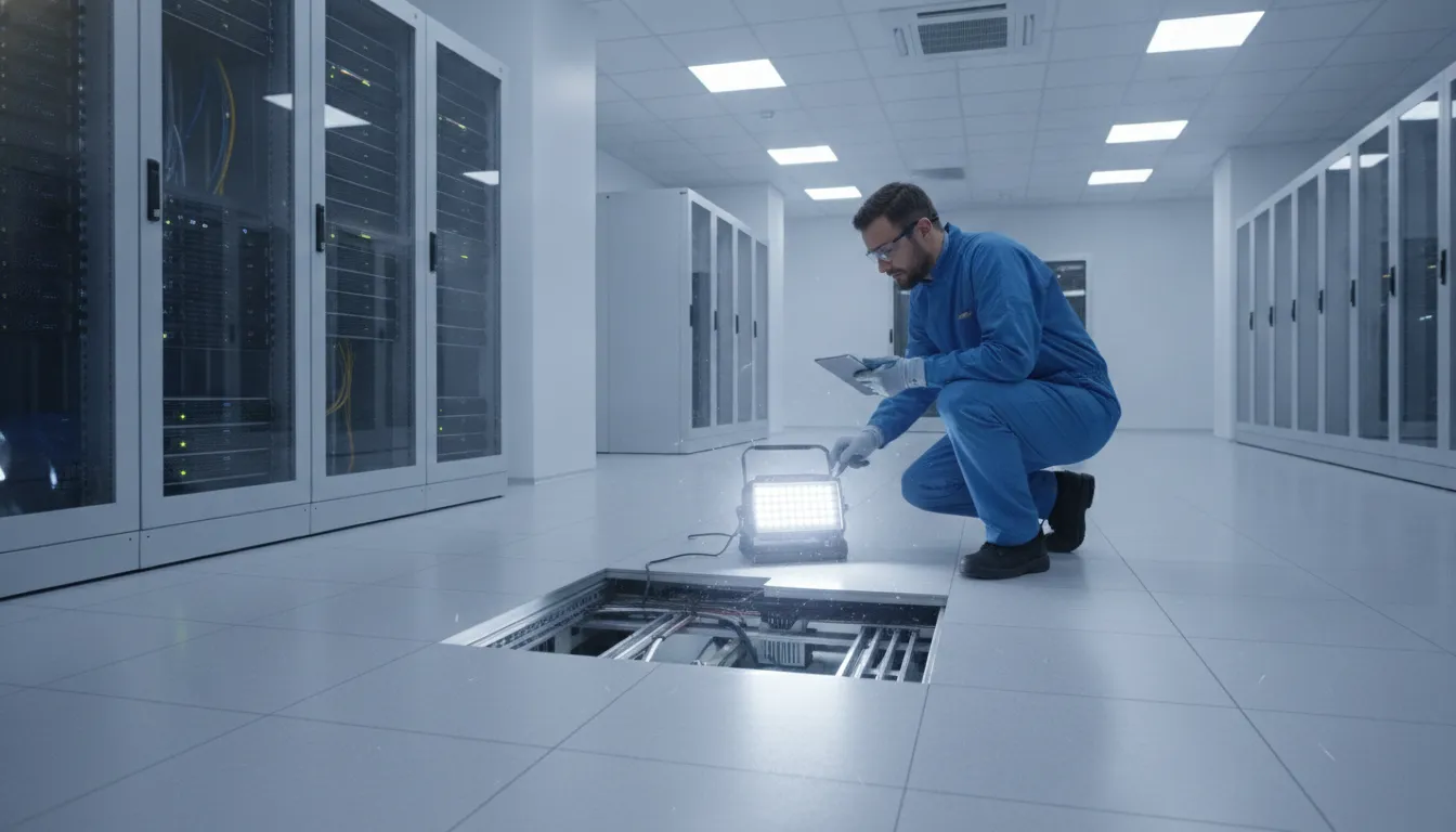 zinc-whiskers-data-center-detection-and-remediation-guide-733008 Data center technician inspecting raised floor subfloor area for contamination
