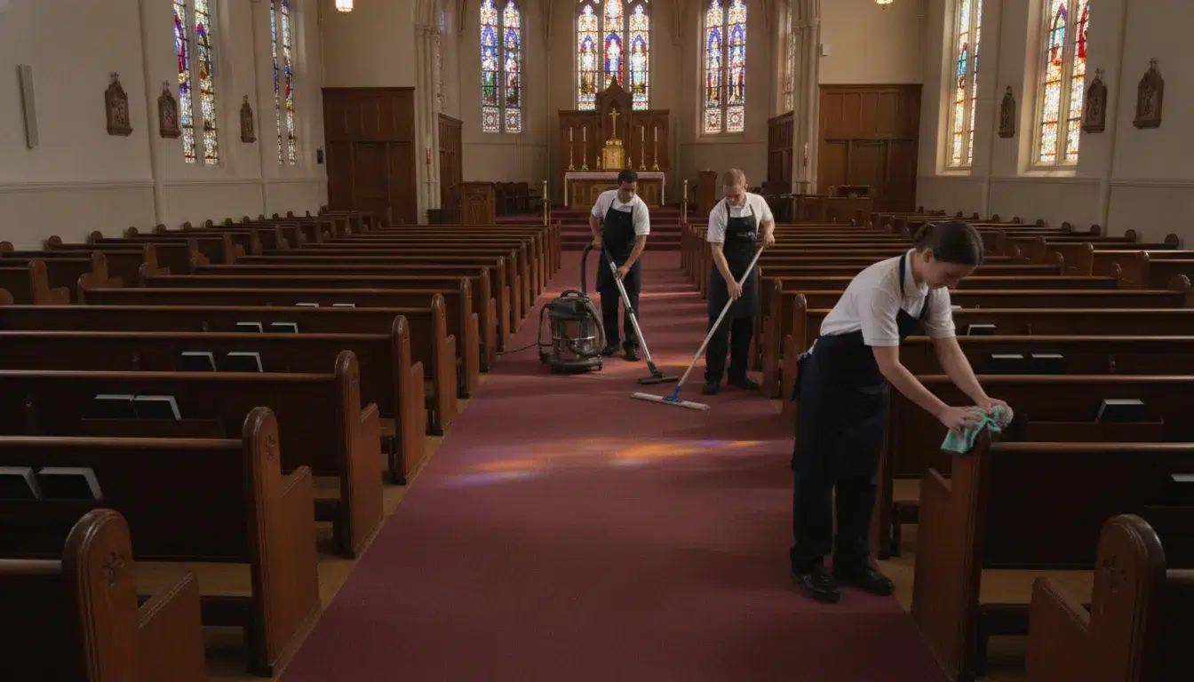 Professional cleaning team servicing a church sanctuary with HEPA-filtered equipment and microfiber tools
