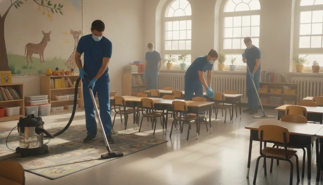 cleaning-services-for-schools-k-12-and-higher-ed-standards-525321 Professional cleaning crew sanitizing a bright elementary school classroom with HEPA vacuums and microfiber equipment