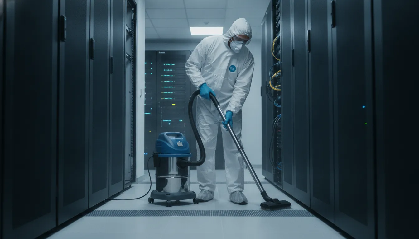 controlled-environment-cleaning-facility-guide-864426 Trained professional using a HEPA-filtered vacuum in a data center