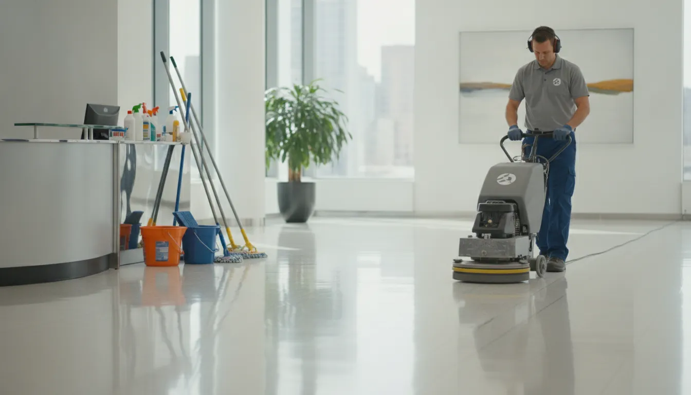 cost-to-strip-and-wax-commercial-floors-pricing-guide-343224 Commercial floor technician operating an industrial floor buffer on glossy vinyl composition tile in a modern office lobby