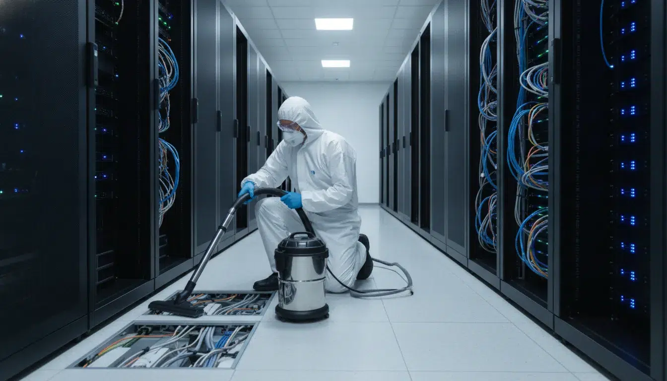 data-center-deep-cleaning-a-planning-guide-243493 Technician performing controlled cleaning near data center racks