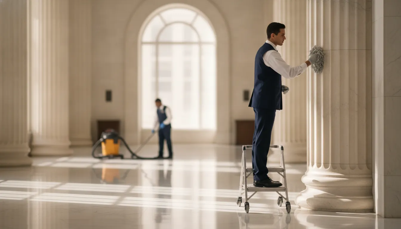 federal-building-cleaning-standards-for-facility-managers-354414 Cleaning professionals maintaining a bright federal government office building lobby