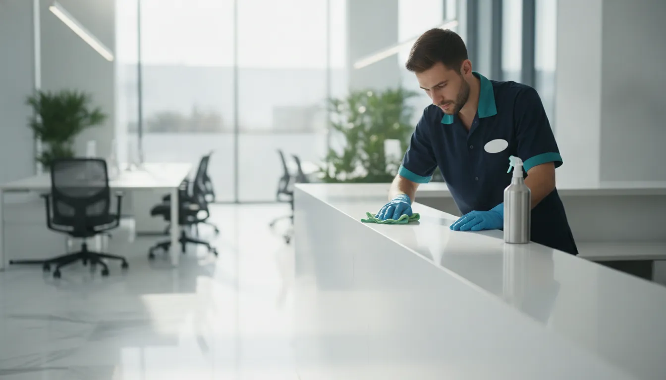 how-much-does-a-cleaning-service-cost-2026-guide-378666 Professional commercial cleaner sanitizing a modern office workspace