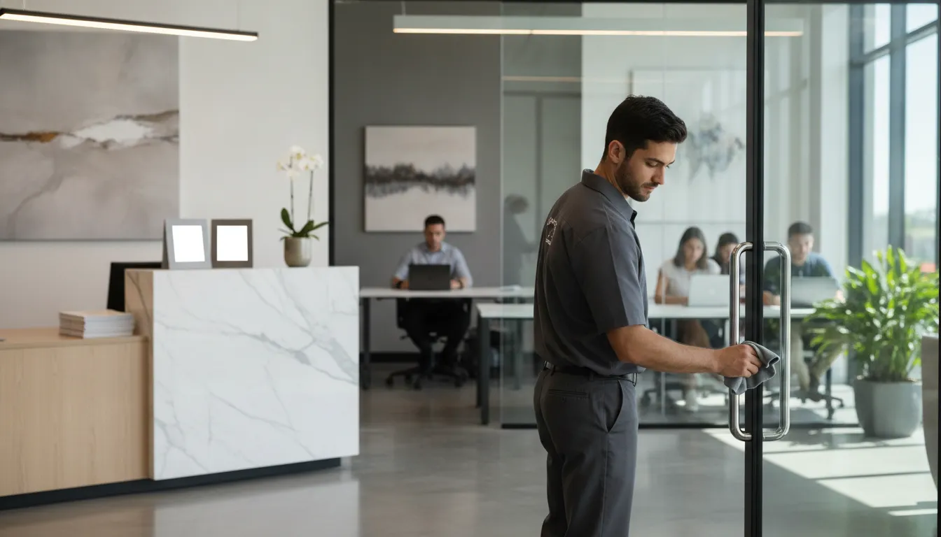 Day porter maintaining an office building, illustrating how much does a day porter cost for an office