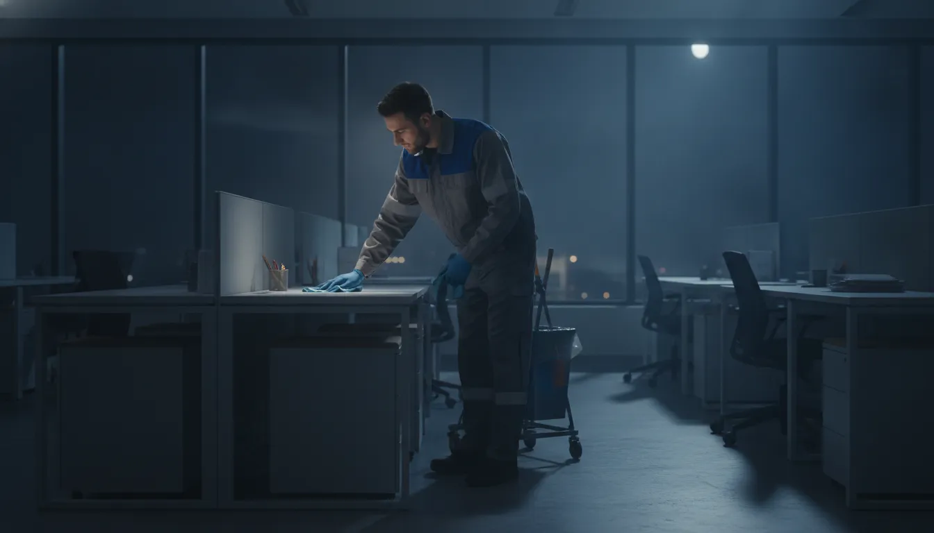 how-to-hire-evening-janitorial-service-for-your-facility-173801 Janitorial technician cleaning an office workstation at night