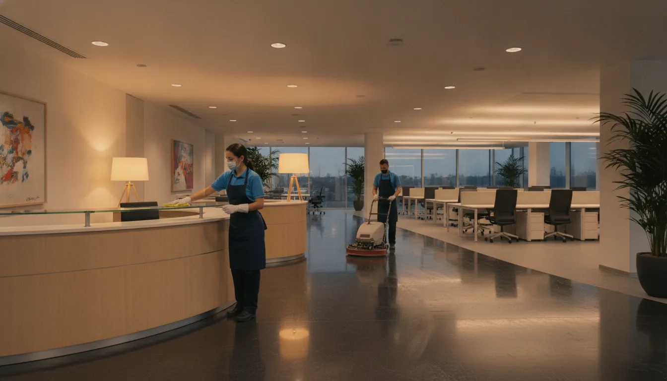 nightly-janitorial-services-cost-a-facility-manager-guide-567692 Nightly janitorial team cleaning a commercial office