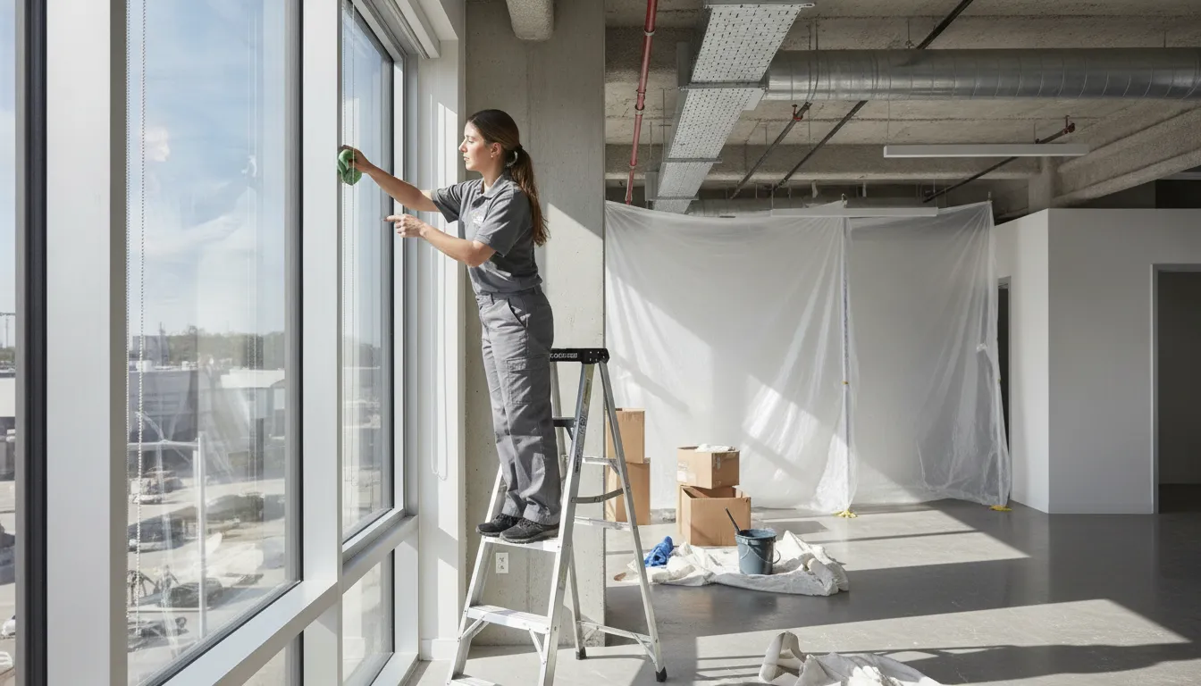 Commercial cleaner performing detailed post-construction cleaning in a bright newly renovated office space