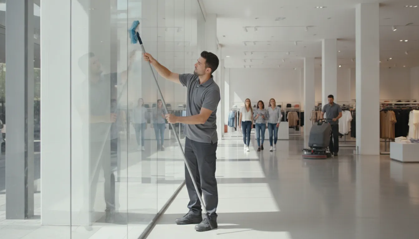 Professional cleaning technician polishing the glass storefront of a modern retail store