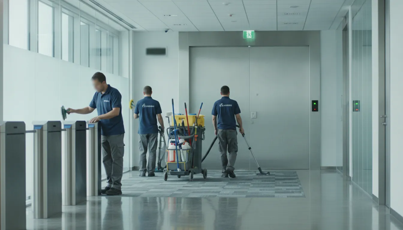 secure-government-facility-cleaning-what-it-takes-175821 Cleaning technician working in a secure government facility corridor