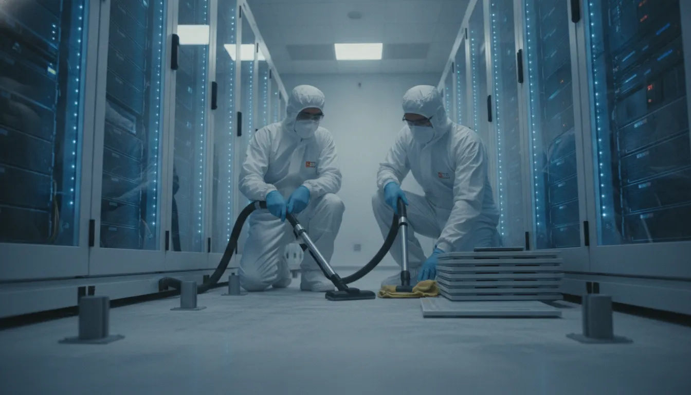 what-is-subfloor-plenum-and-why-it-matters-in-data-centers-237584 Cleanroom-suited technicians cleaning beneath the raised floor tiles of a modern data center