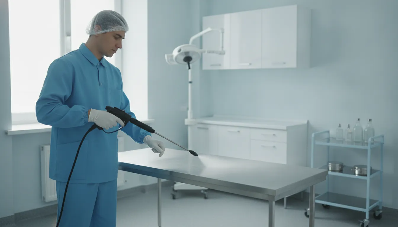 Professional cleaning technician disinfecting surfaces in a modern clinic examination room