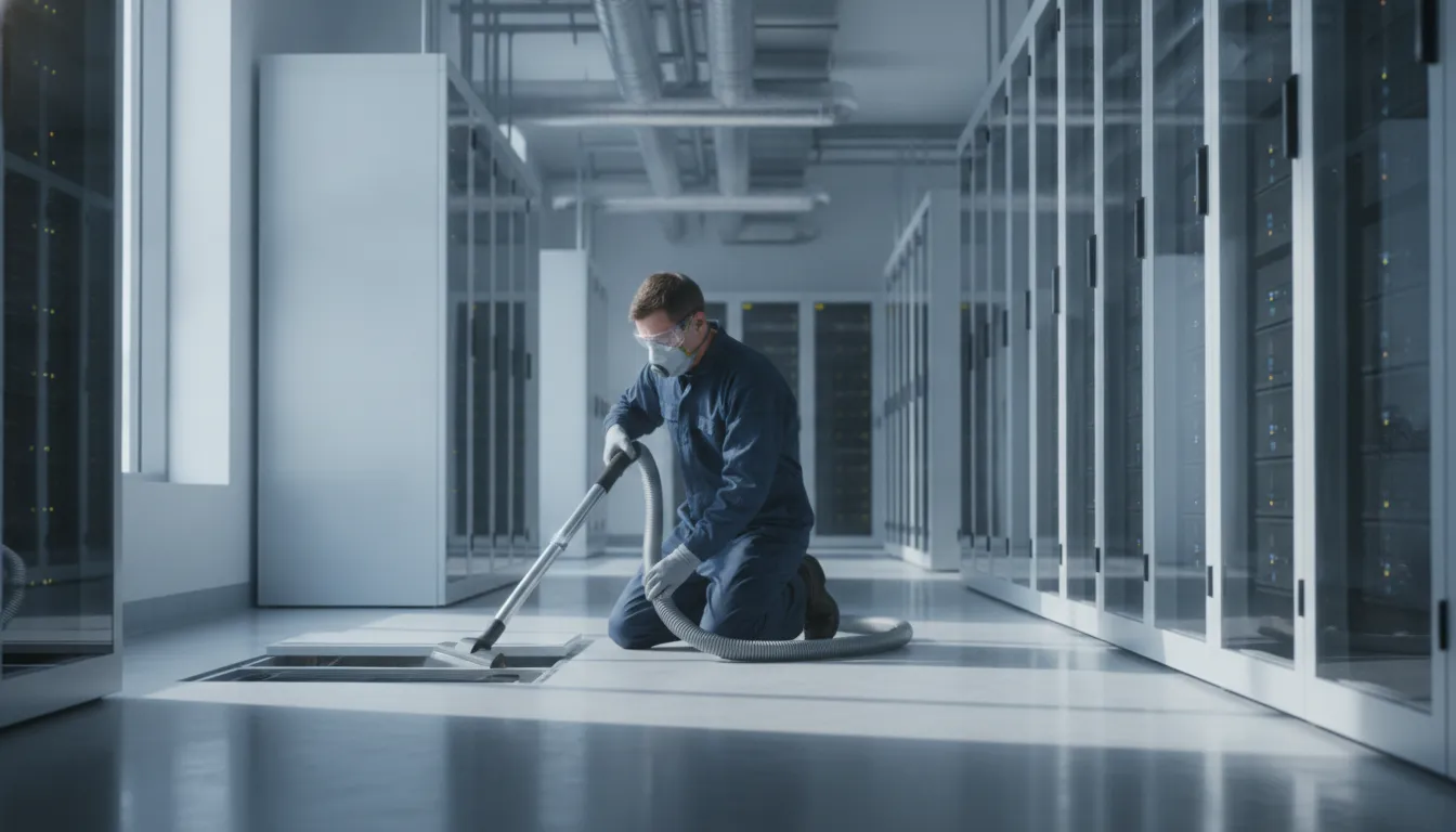 ashrae-data-center-guidelines-for-cleaning-479814 Technician using a HEPA-filtered vacuum near data center server racks