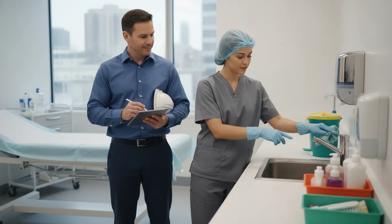 best-healthcare-cleaning-companies-how-to-compare-218539 Healthcare cleaning supervisor reviewing an outpatient exam room