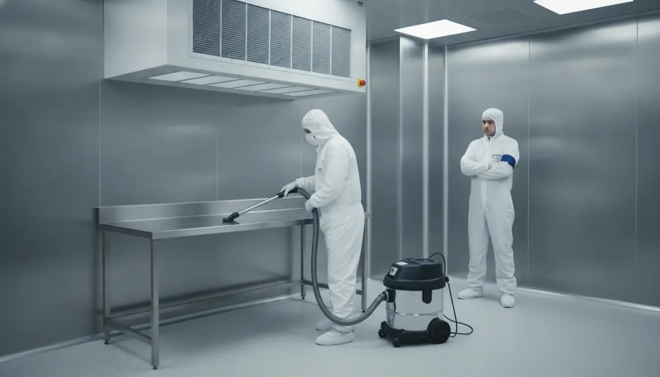 cleanroom-cleaning-services-what-to-expect-777578 Trained technician using a connected HEPA-filtered vacuum inside a stainless steel cleanroom