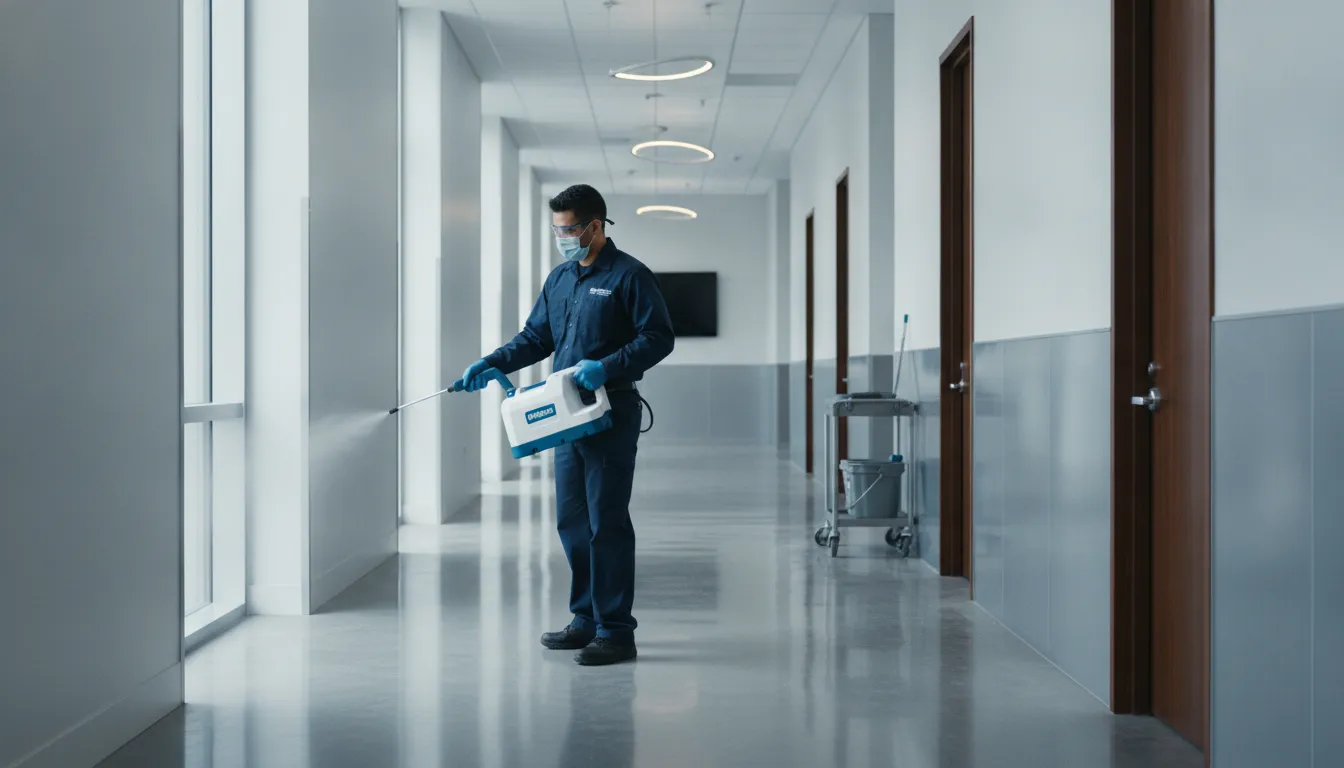 commercial-electrostatic-cleaning-cost-scope-guide-293783 Technician applying electrostatic disinfectant in a commercial facility
