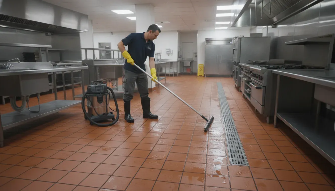 commercial-kitchen-floor-cleaning-safety-guide-813809 Commercial kitchen floor-care technician checking a tiled floor and floor drain