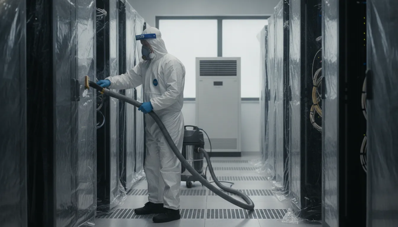 controlled-contamination-services-for-critical-facilities-160116 Technician performing controlled cleaning near critical facility equipment