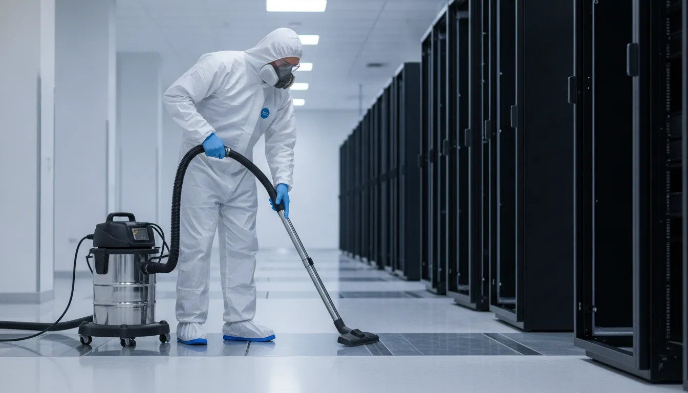 Critical-environment professional vacuuming a newly built data center aisle