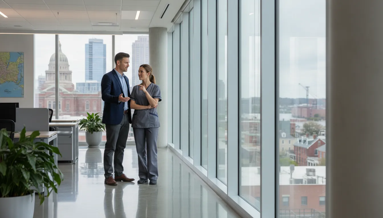 dmv-commercial-cleaning-provider-guide-for-facilities-936464 Facilities manager and cleaning supervisor discussing a regional commercial cleaning program