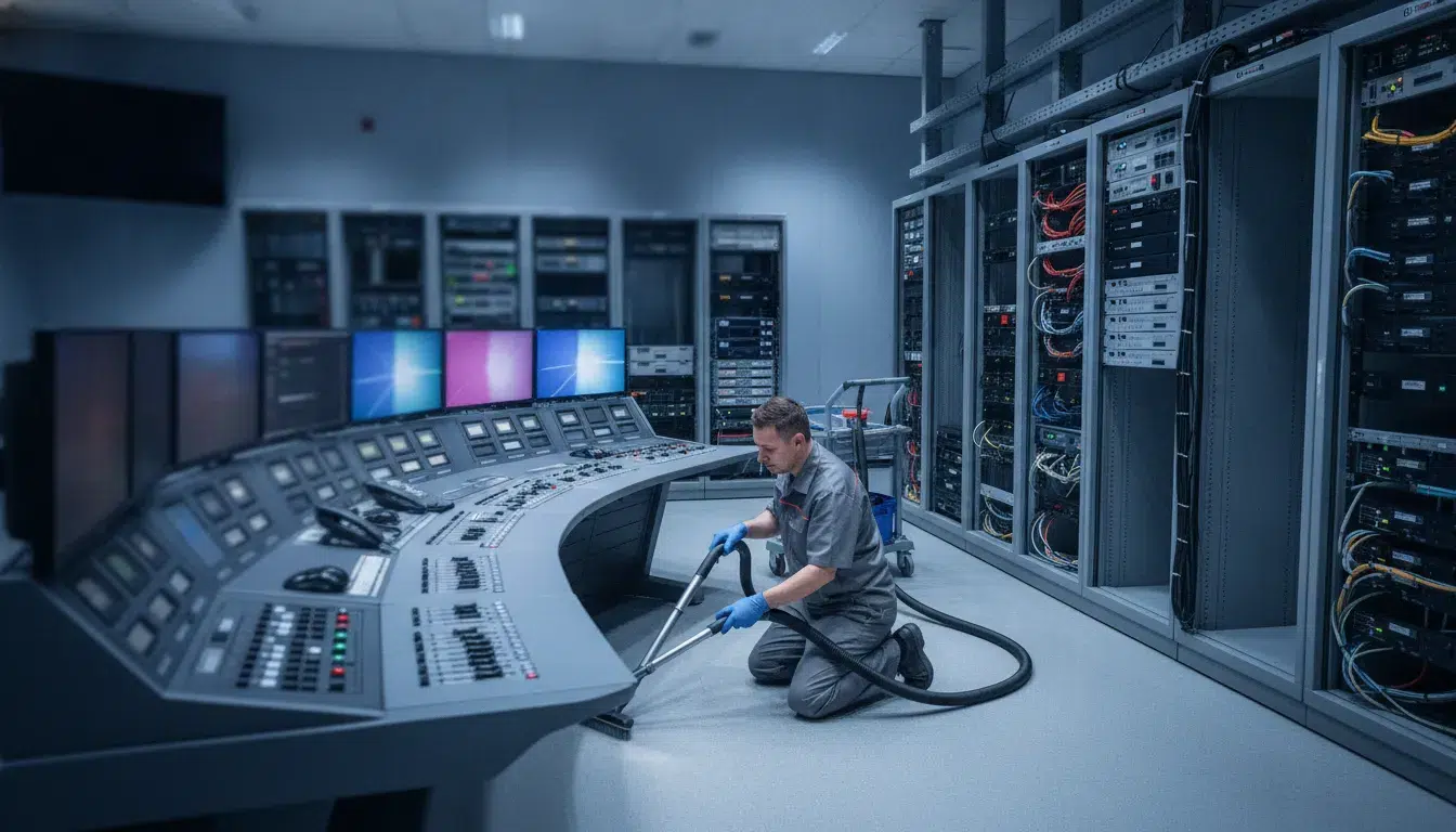 how-much-does-it-cost-to-clean-a-broadcast-studio-673366 Broadcast studio control room cleaning around technical equipment