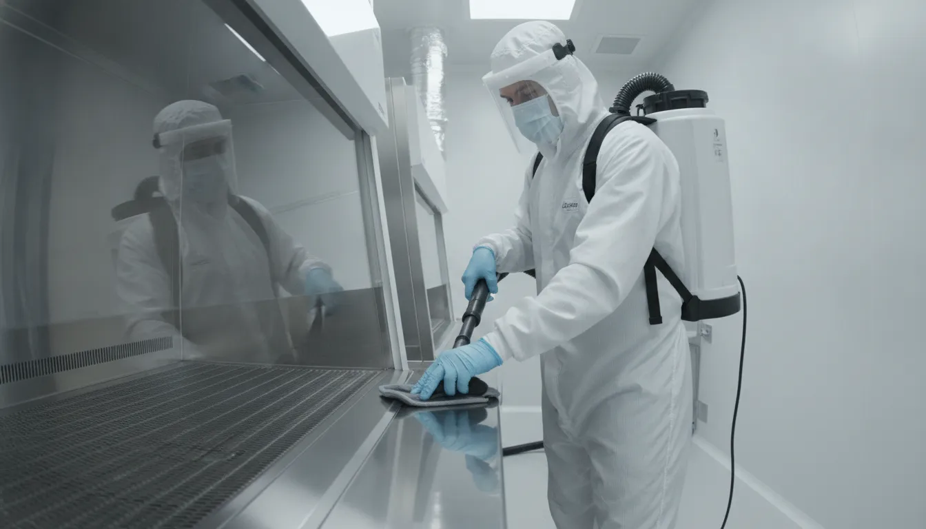 iso-14644-1-class-8-cleaning-guide-501983 Technician performing controlled-environment cleaning in a cleanroom