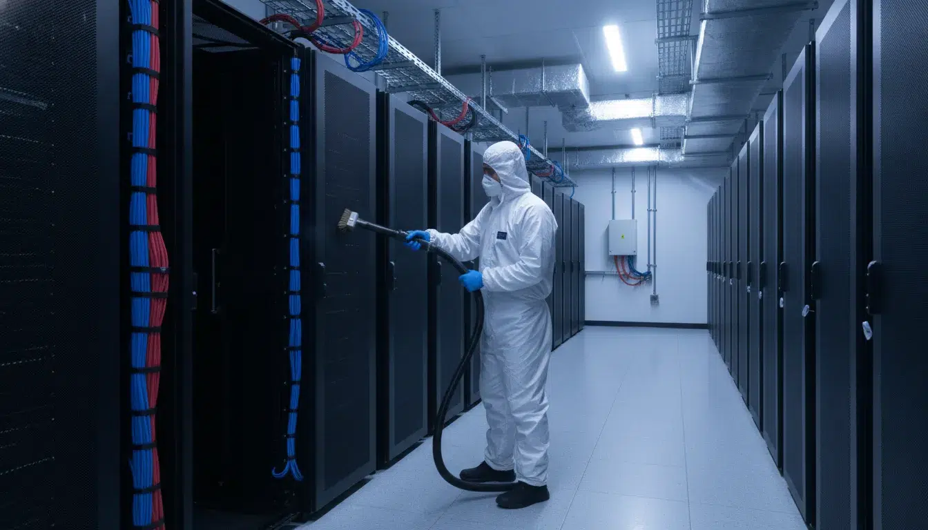 Technician inspecting organized server racks during a critical-environment cleaning service
