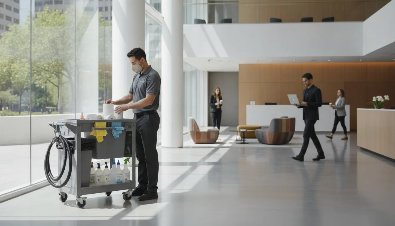 Professional day porter restocking an occupied office building lobby