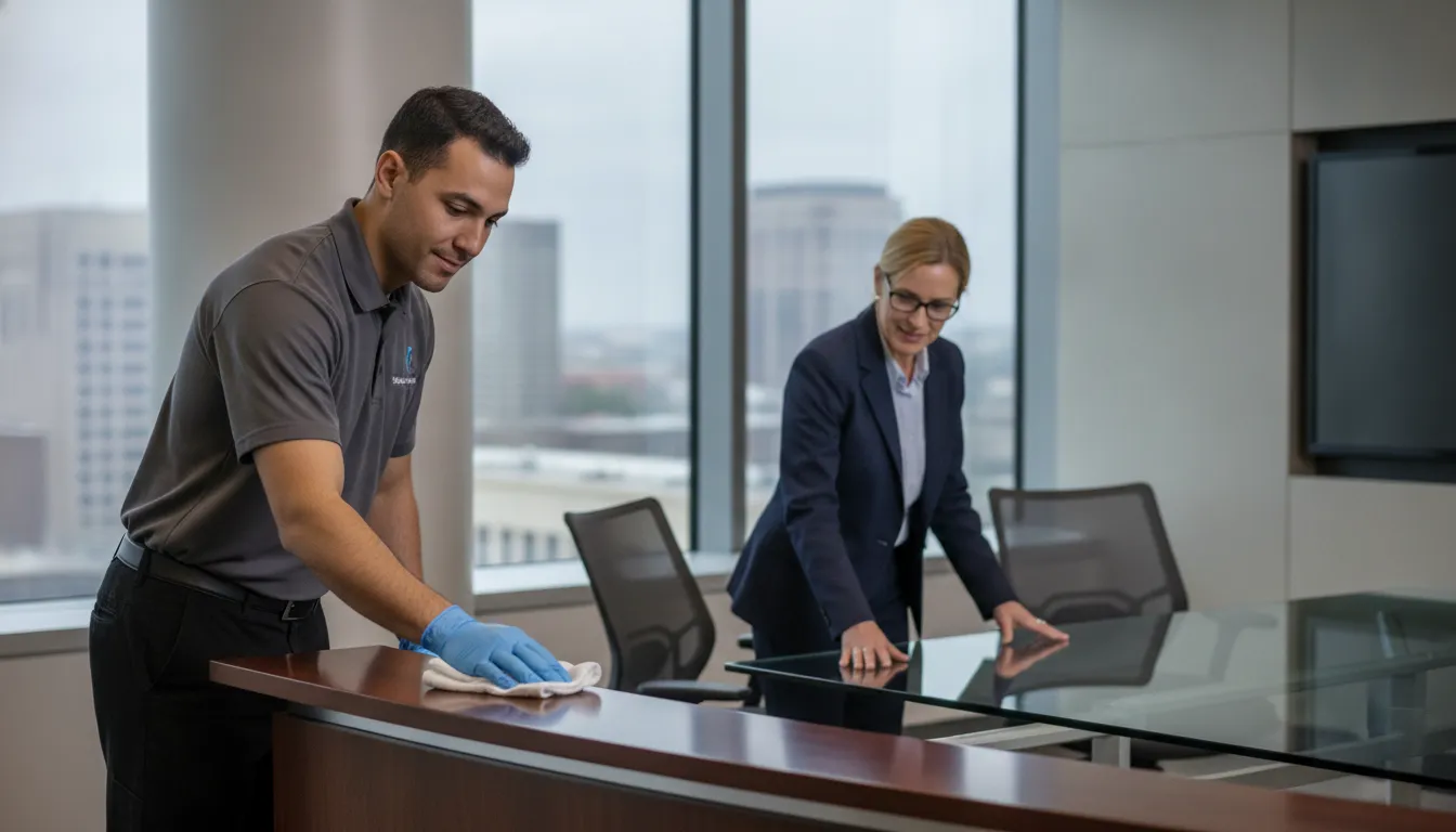 white-glove-cleaning-for-business-a-buyer-guide-518285 Technician detailing a business conference room during white glove cleaning