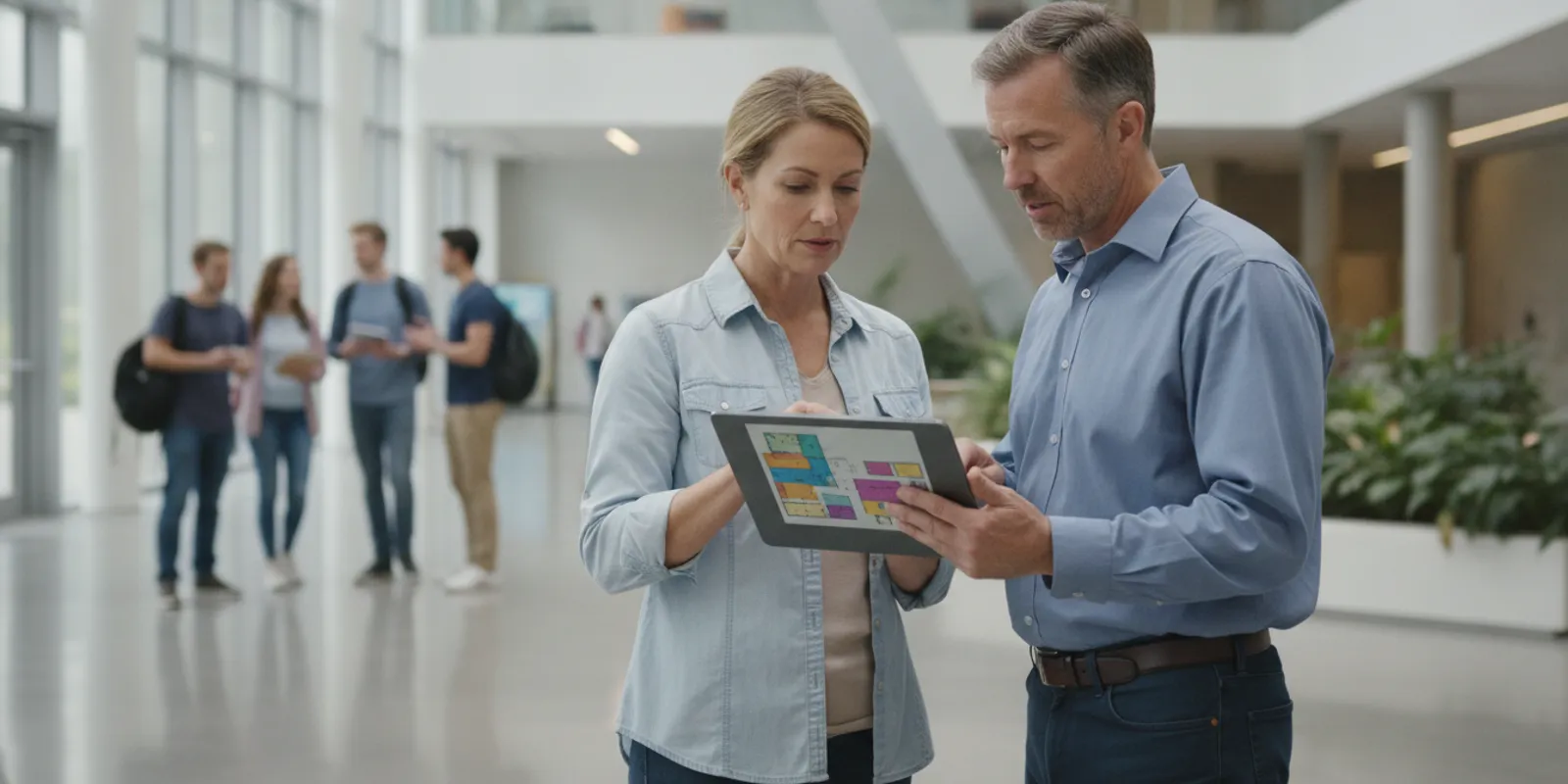 University facilities manager reviewing a campus cleaning plan in a bright academic building