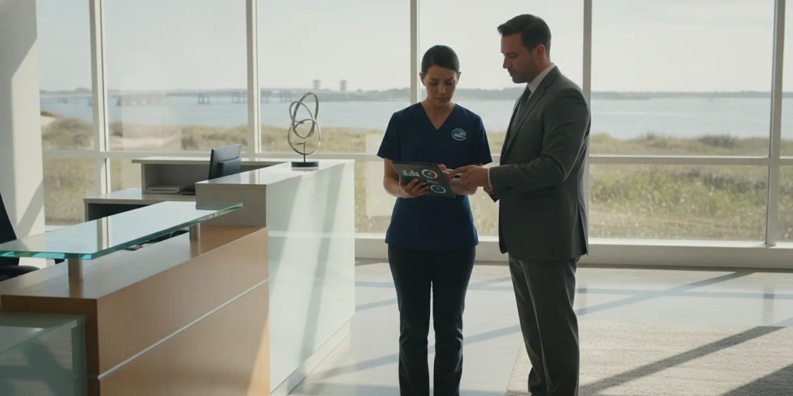 commercial-cleaning-services-in-hampton-roads-buyer-guide-969413 Commercial cleaning professional reviewing a facility plan in a bright Hampton Roads office