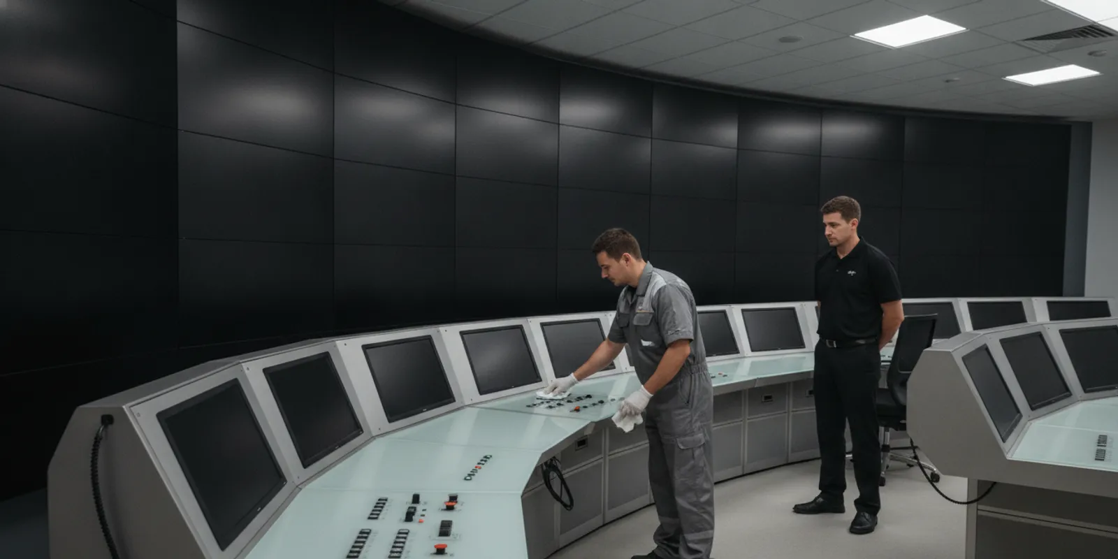 control-room-cleaning-protecting-mission-critical-operations-646327 A facilities professional carefully cleaning a control room console while an operator monitors wall displays