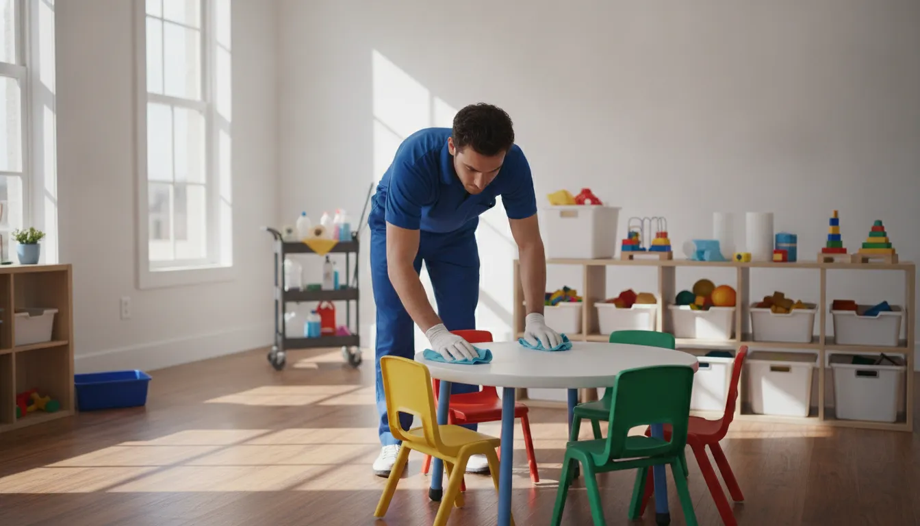 daycare-sanitizing-and-disinfection-guide-692583 Professional daycare sanitizing and disinfection of a classroom table