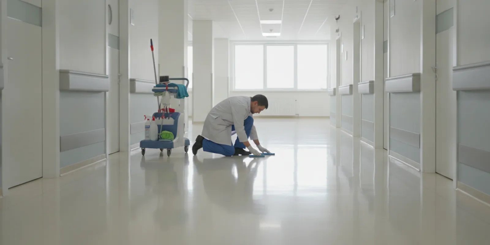 Environmental services professional cleaning a hospital corridor with a cart nearby