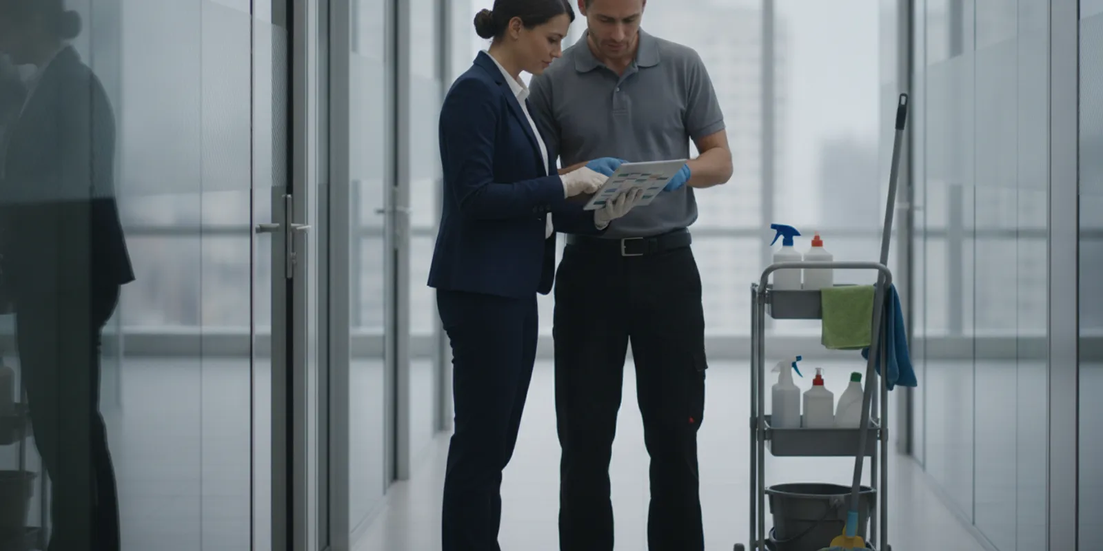 how-can-facility-teams-build-a-sample-cleaning-schedule-that-matches-use-472336 Facility manager reviewing a sample cleaning schedule in an office