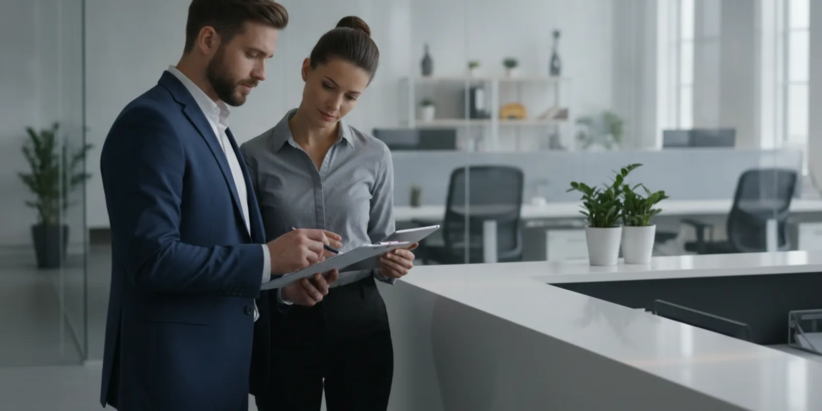how-should-a-business-compare-janitorial-services-for-ongoing-facility-care-708540 Facility manager reviewing a janitorial service plan in a bright commercial office