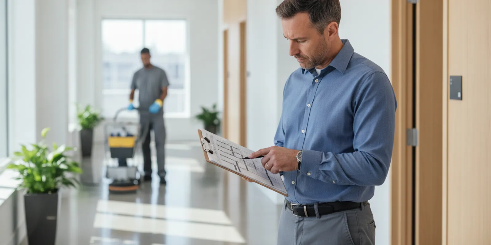 how-should-a-commercial-building-cleaning-plan-be-scoped-357021 Facility manager reviewing a cleaning plan in a modern commercial office