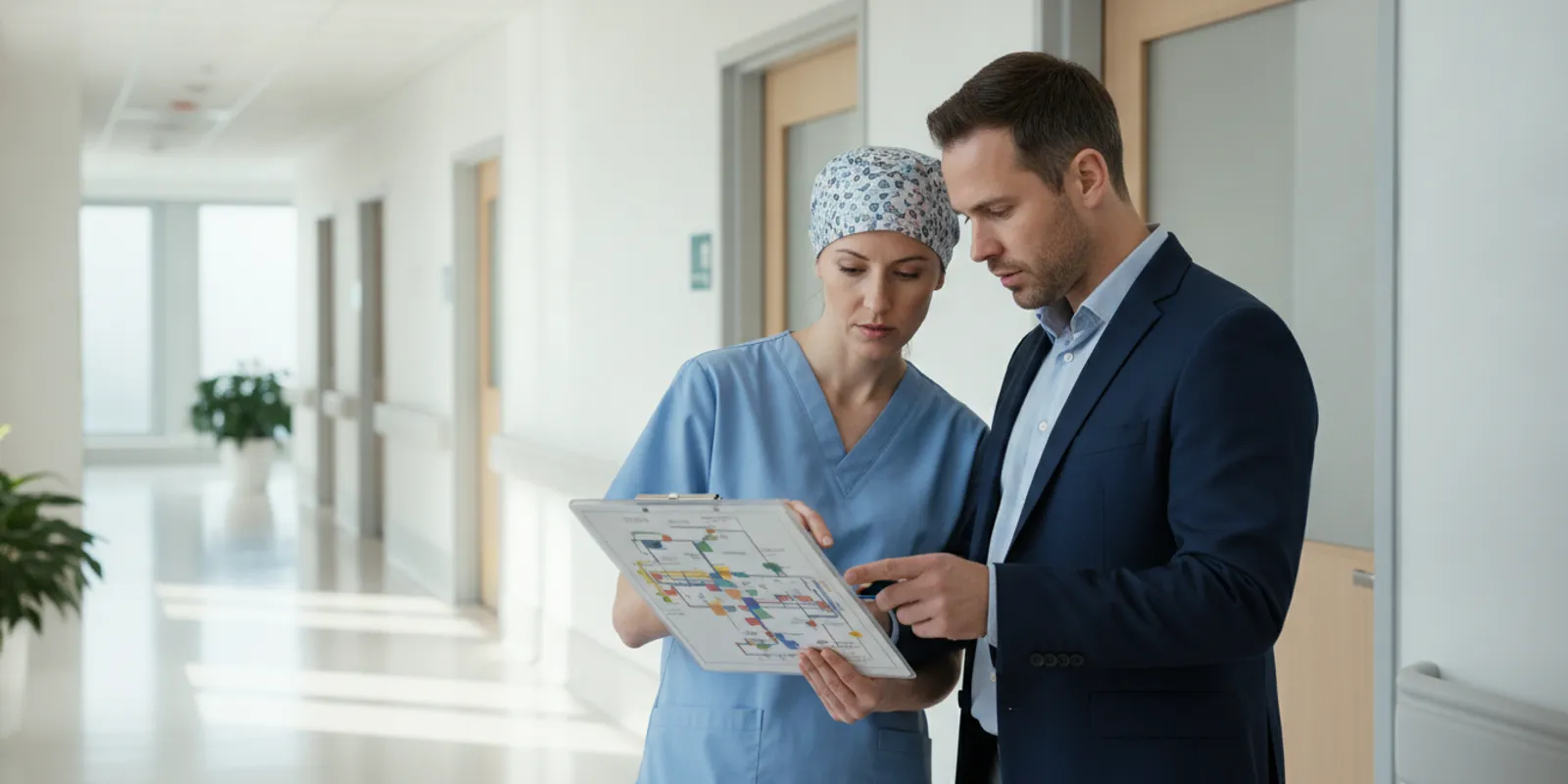 how-should-hospital-teams-plan-janitorial-coverage-across-occupied-and-unoccupied-areas-215240 Facilities supervisors reviewing a hospital cleaning coverage plan