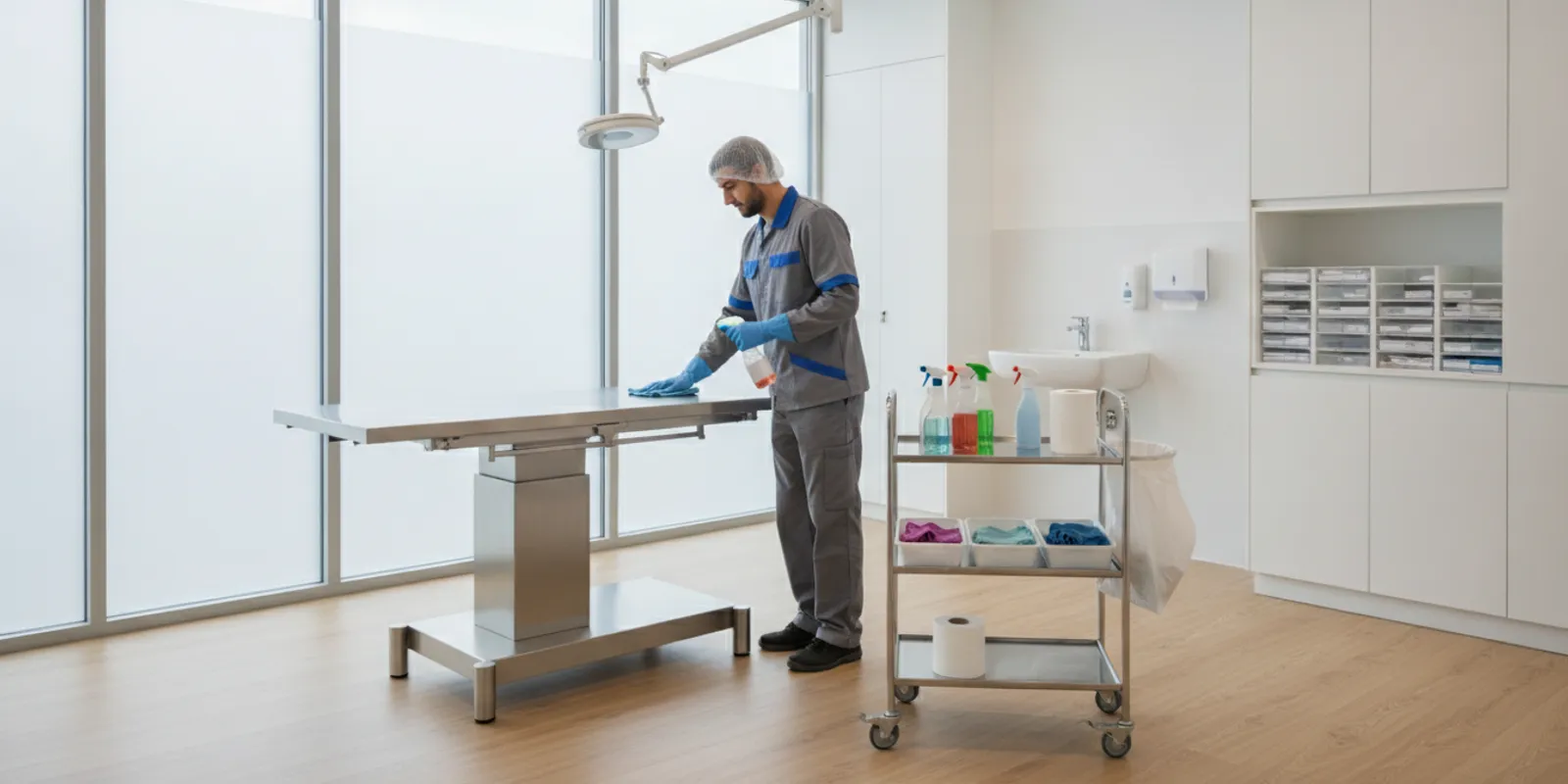 Cleaning professional preparing an unoccupied clinic examination room between appointments