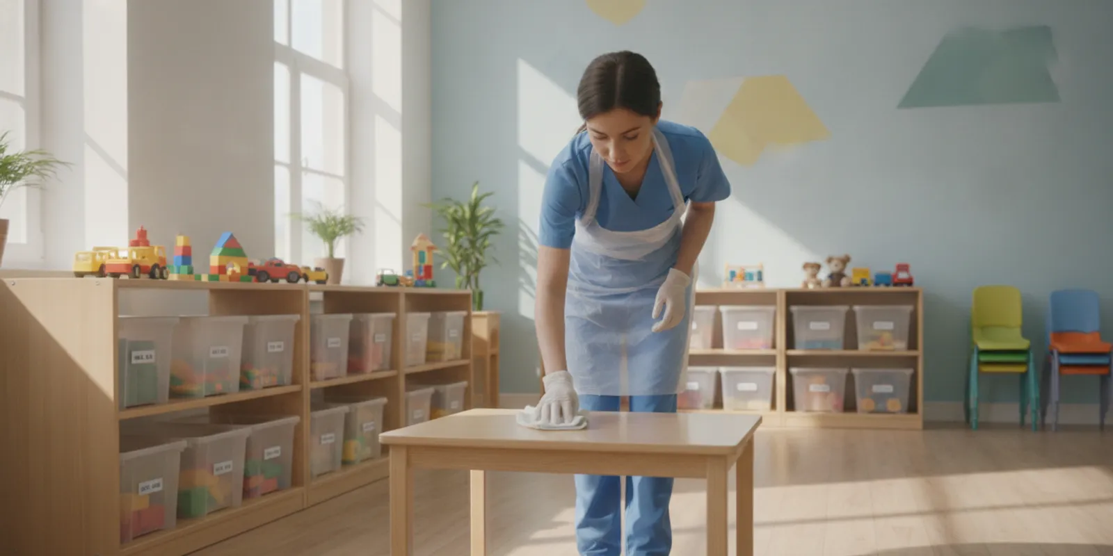 how-to-disinfect-a-daycare-center-safely-and-effectively-357659 Daycare staff member carefully disinfecting a child-sized table in a bright classroom