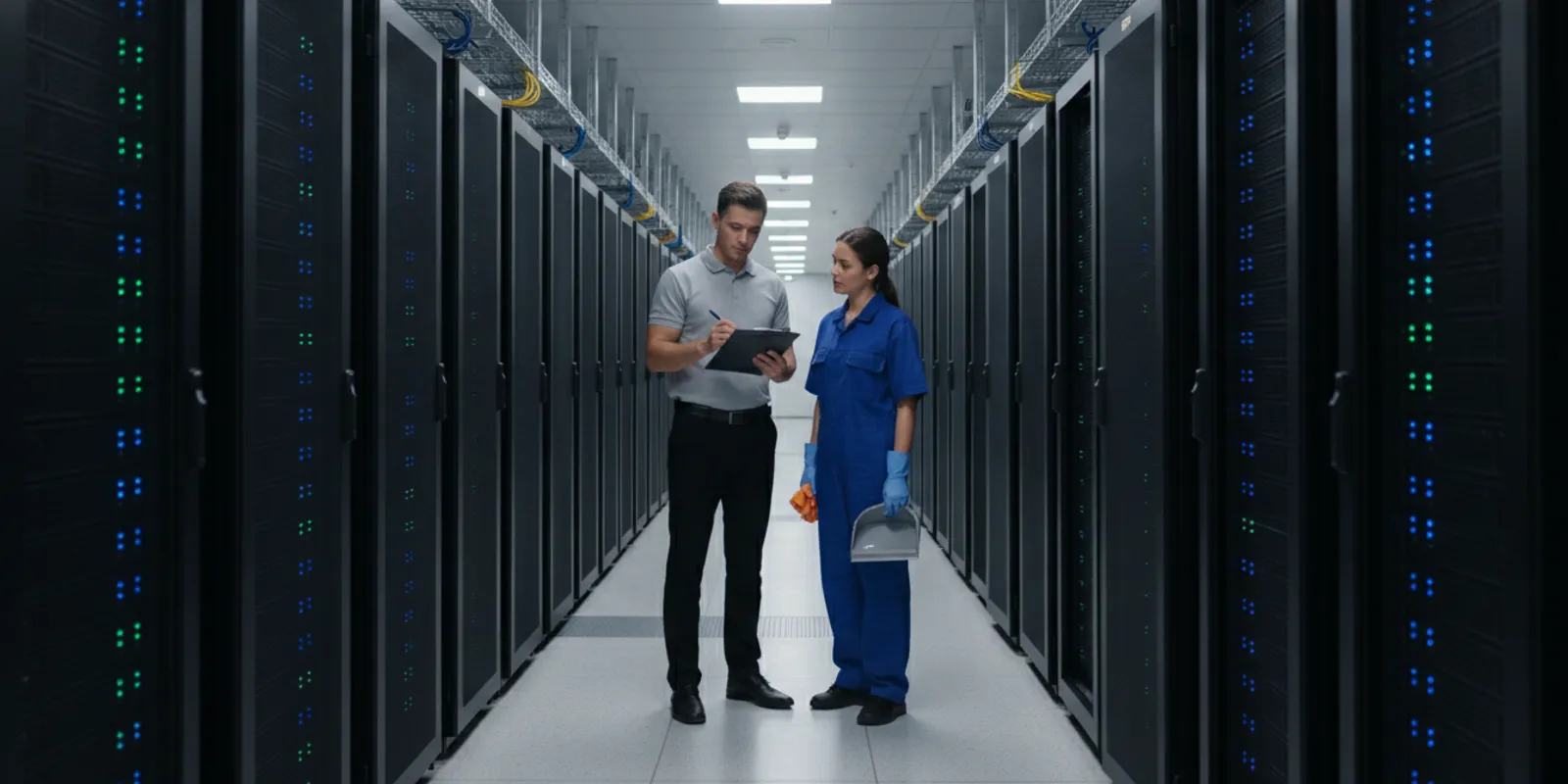 how-to-get-a-quote-for-data-center-cleaning-392709 Technician reviewing a data center cleaning plan beside server racks