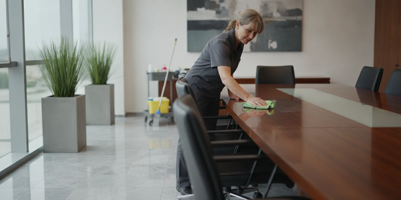 A carefully maintained modern executive office with polished surfaces and a clean conference table