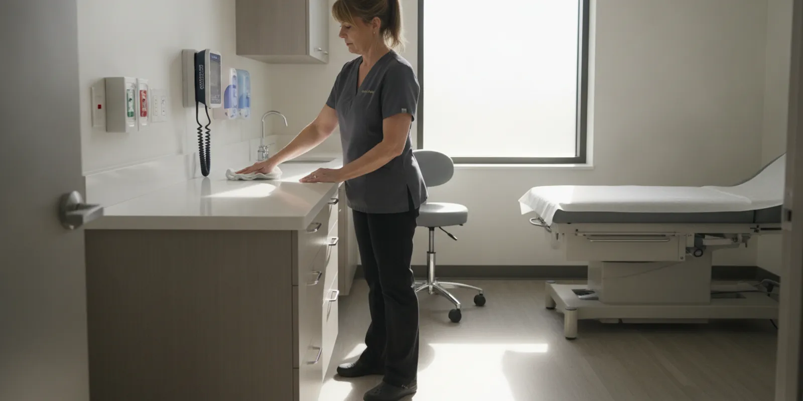medical-facility-cleaning-in-hampton-roads-buyer-guide-754405 Cleaning professional preparing a medical exam room for routine facility cleaning
